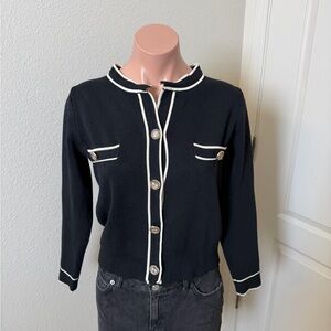 Knit Mix Black Cardigan Sweater with White Trim Sz S